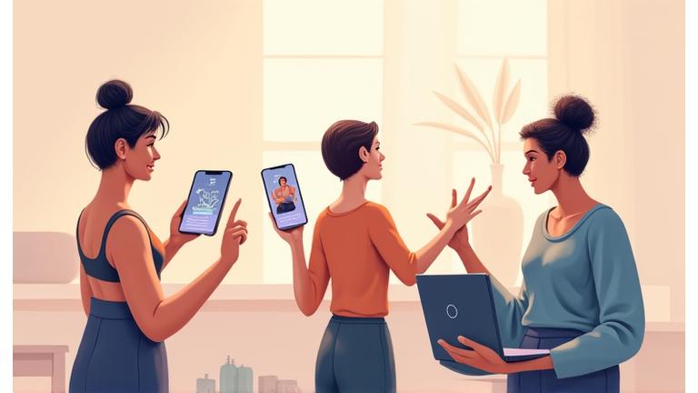 Illustration of diverse individuals engaging with various digital wellness tools on a clear interface, symbolizing Porcelain Mind's comprehensive services and their educational orientation.